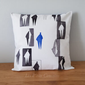 coussin moderne silhouette bleu et noir fond blencles ptits coussins