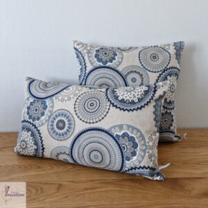 coussin motifs mandalas bleu et lin les ptits coussins