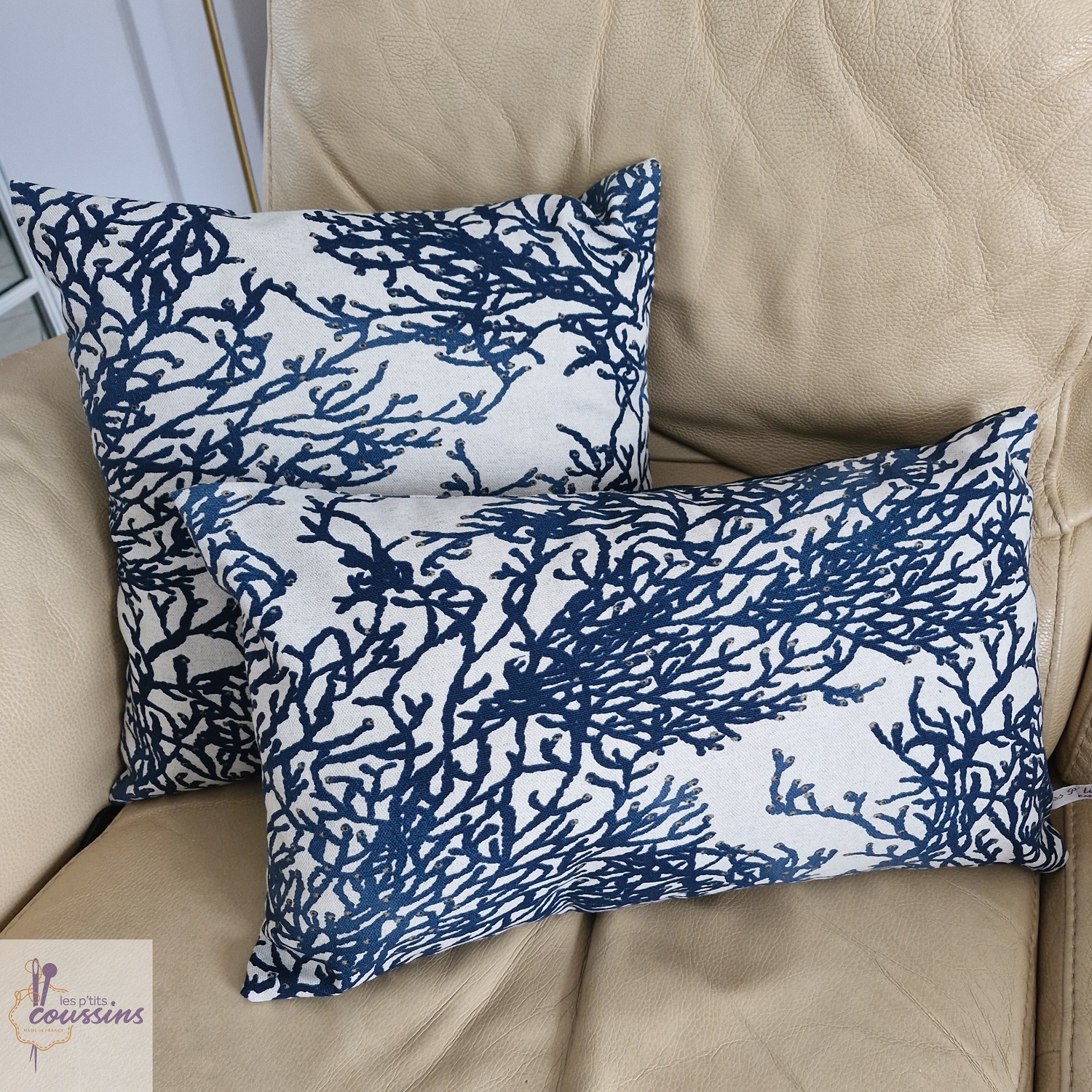 coussin motifs marins coraux bleu les ptits coussins